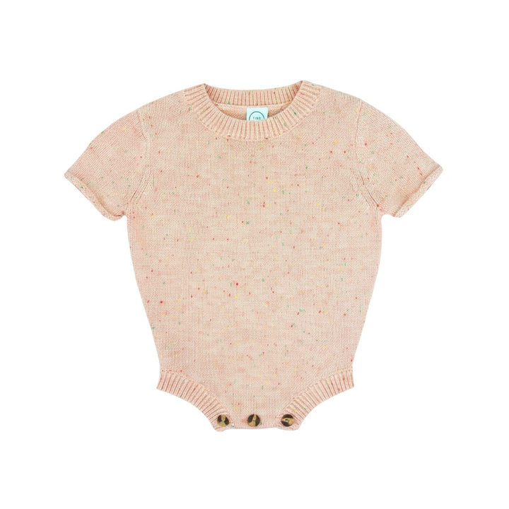 Mom & Me Boutique petal pink cotton knit onesie with colorful speckles and bottom button closure for infants.