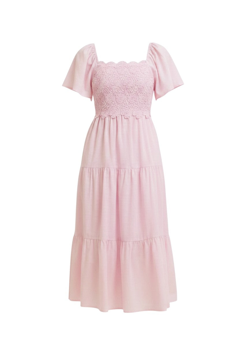 Mom & Me Boutique pink midi dress with flutter sleeves, tiered ruffles, and a floral crochet bodice.