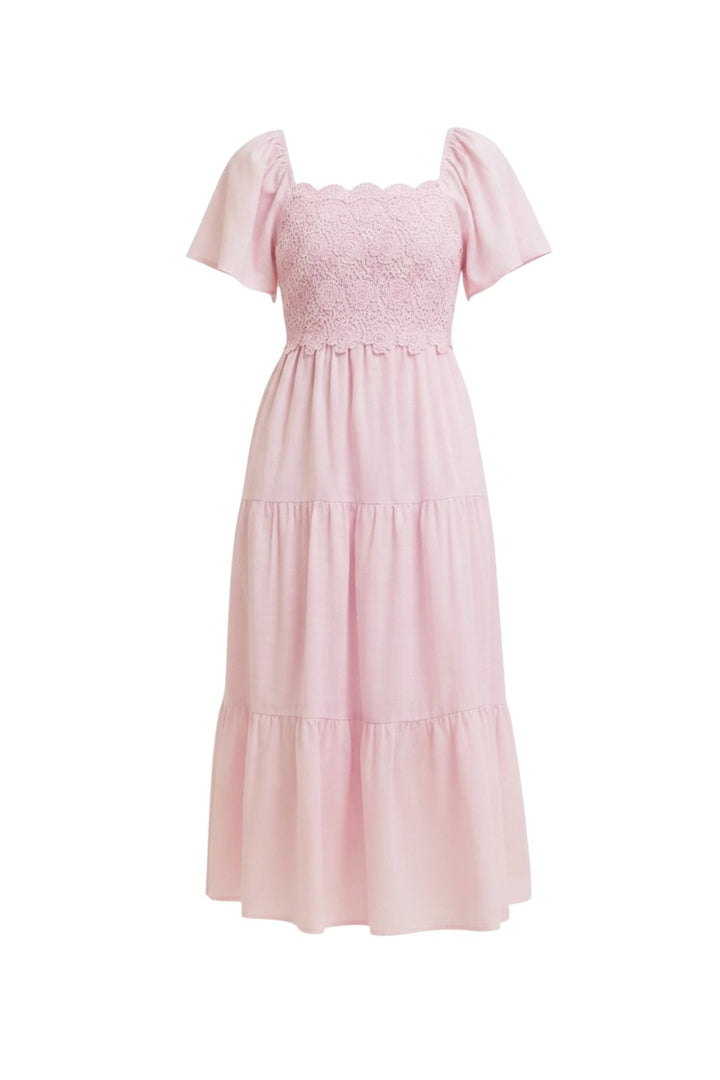 Mom & Me Boutique pink midi dress with flutter sleeves, tiered ruffles, and a floral crochet bodice.