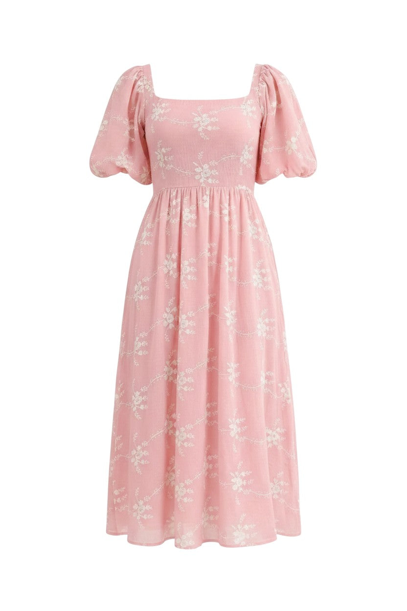 Mom & Me Boutique pink midi dress with white floral embroidery, square neckline, and puff sleeves in Tencel cotton.