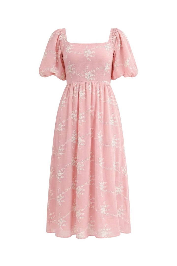 Mom & Me Boutique pink midi dress with white floral embroidery, square neckline, and puff sleeves in Tencel cotton.