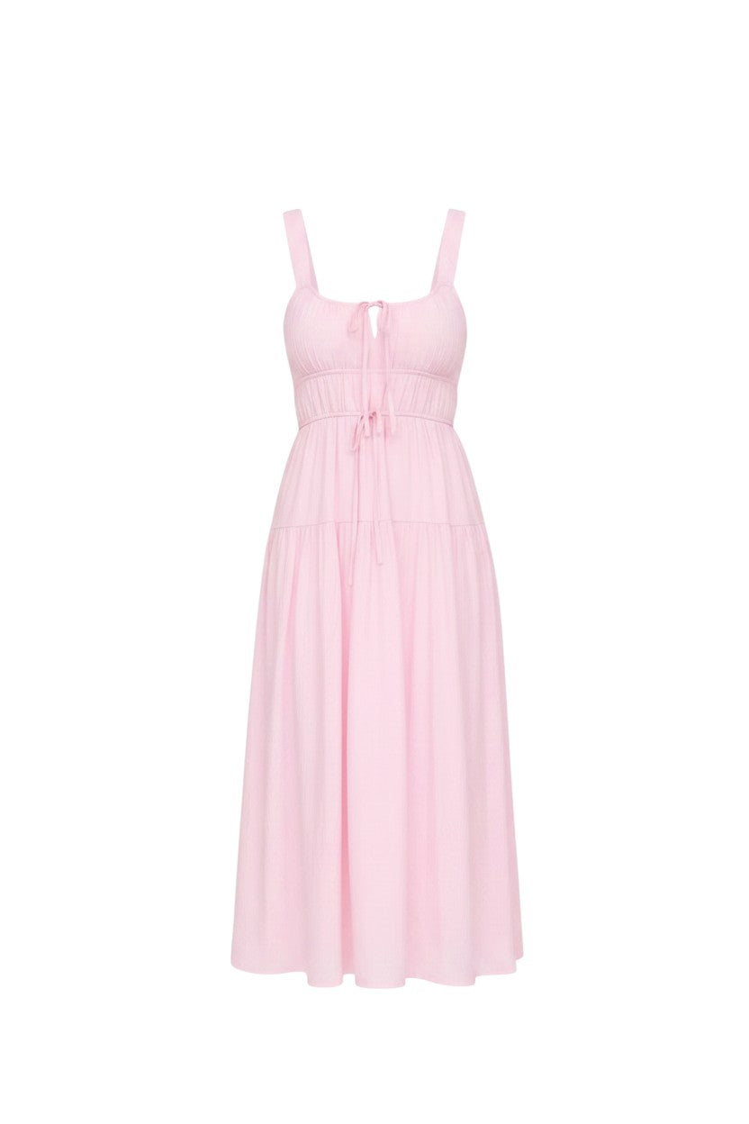 Mom & Me Boutique Lyra midi dress in pink featuring a sleeveless design and a front tie keyhole detail.