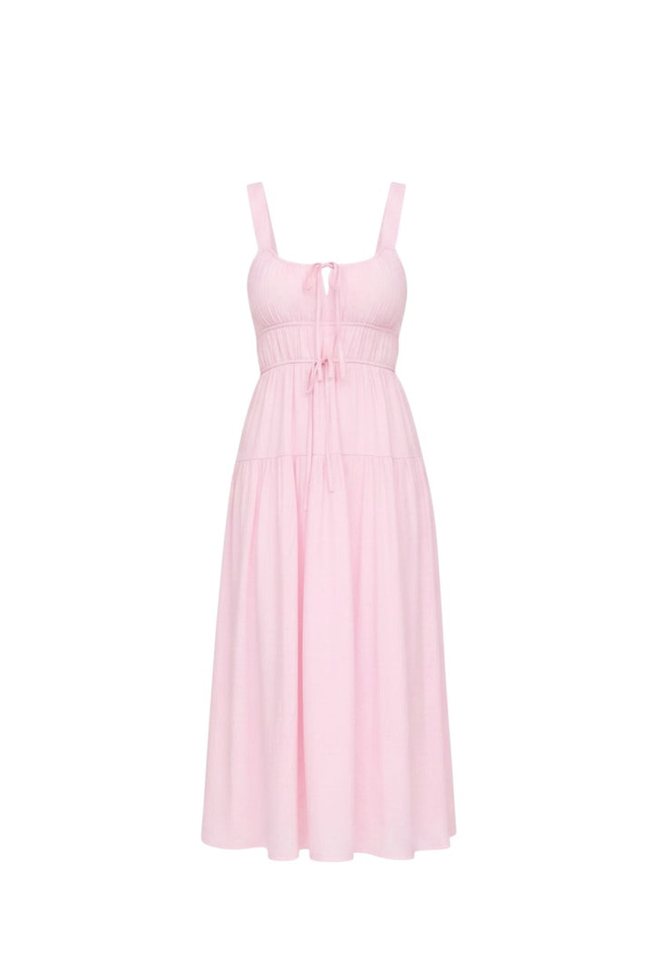 Mom & Me Boutique Lyra midi dress in pink featuring a sleeveless design and a front tie keyhole detail.
