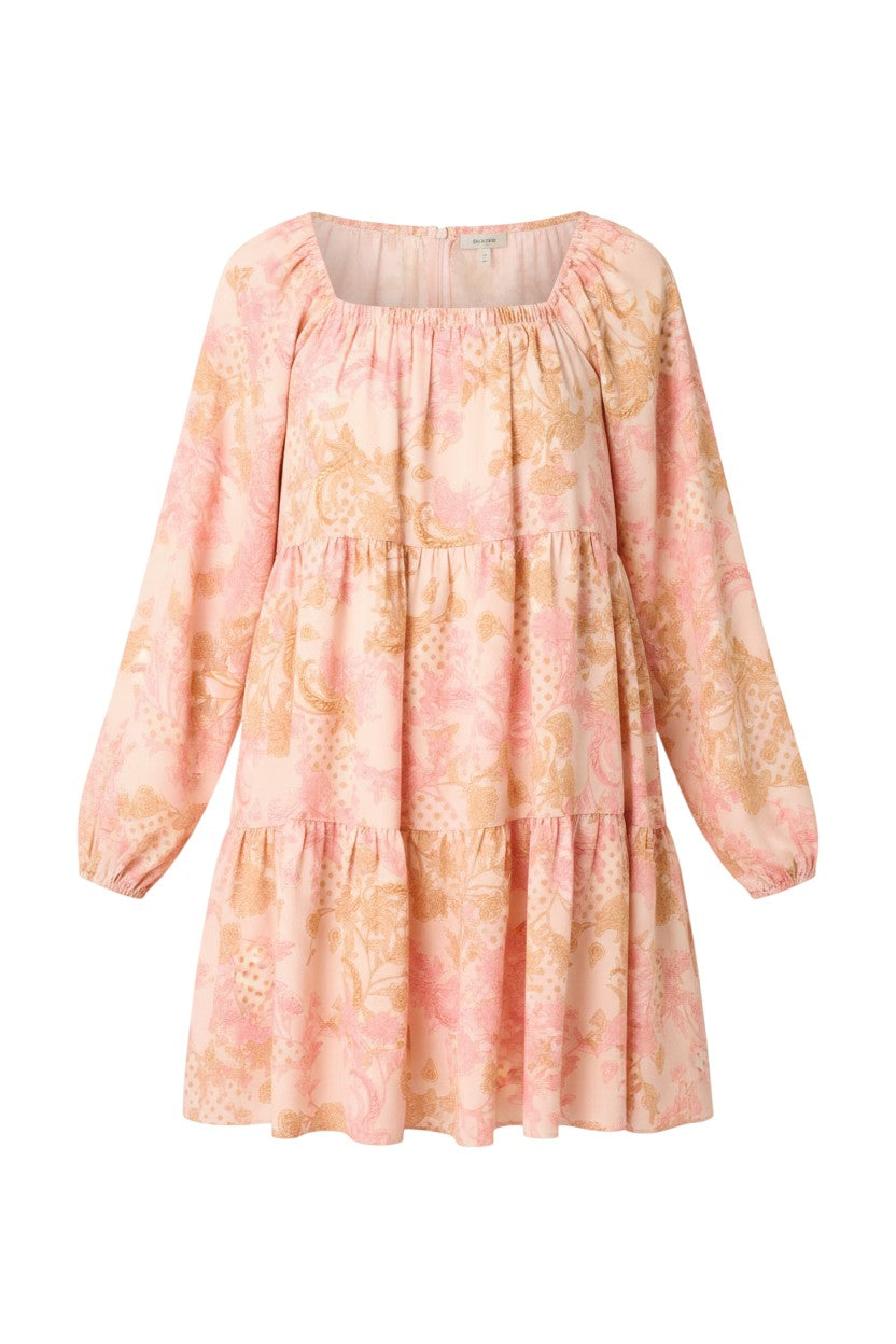 Mom & Me Boutique pink paisley print mini dress with square neckline, long sleeves, and ruffle tier detail.