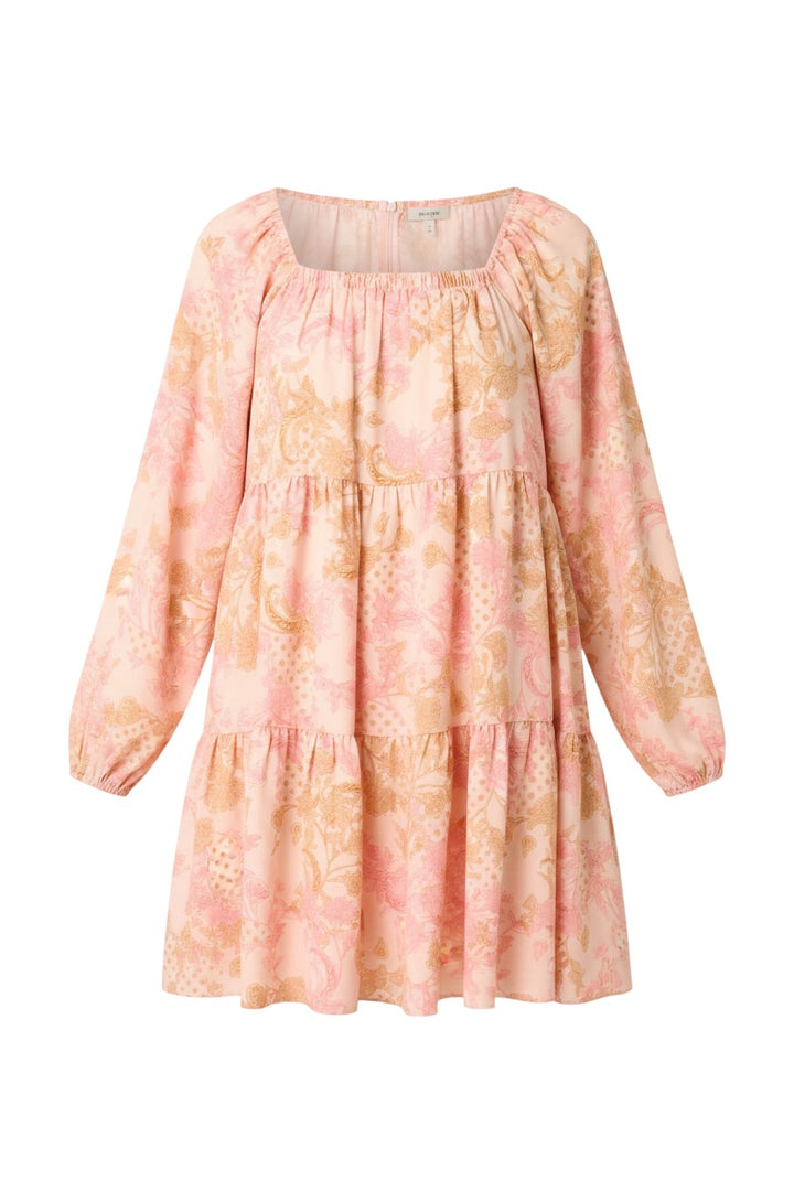Mom & Me Boutique pink paisley print mini dress with square neckline, long sleeves, and ruffle tier detail.