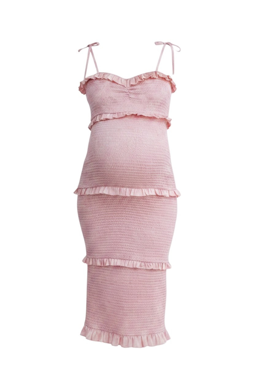 Mom & Me Boutique pink smocked maternity midi dress with ruffle trim and tie straps in 100% polyester