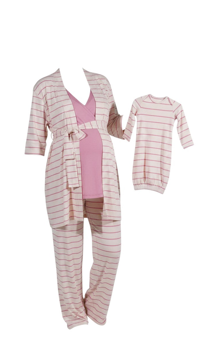 Mom & Me Boutique 5-piece pink striped maternity nursing set with matching newborn gown and hat in rayon spandex