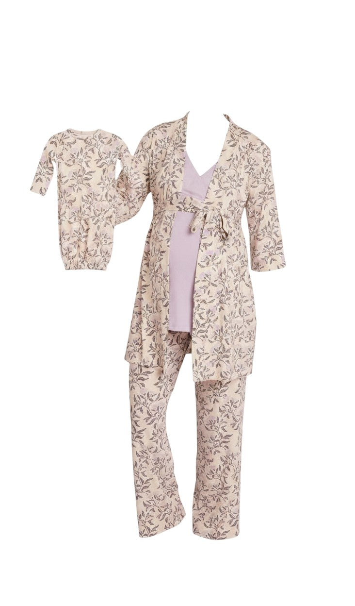 Mom & Me Boutique 5-piece poppy print maternity nursing set with matching newborn gown and hat in soft rayon spandex.