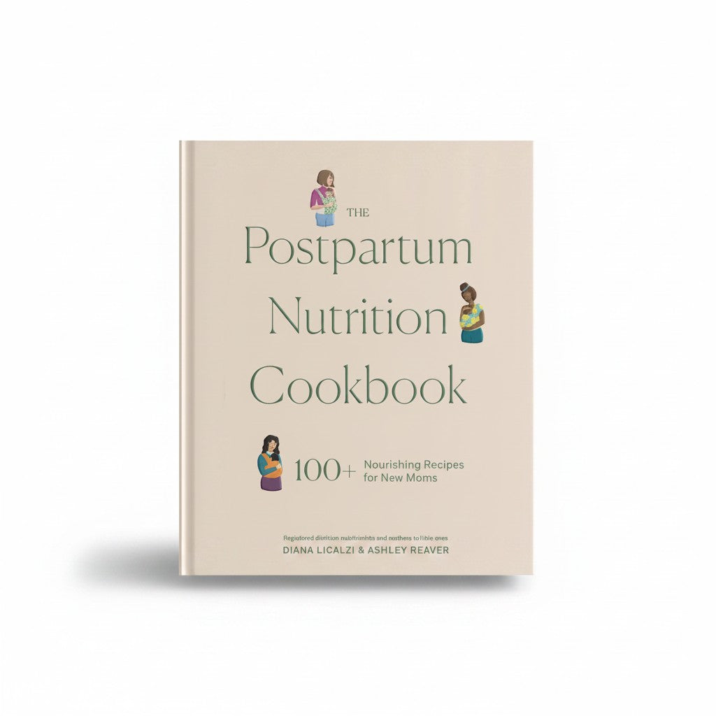 Mom & Me Boutique The Postpartum Nutrition Cookbook with illustrations of mothers holding babies on a beige cover.
