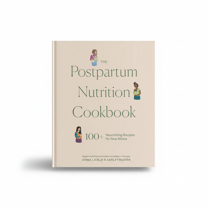 Mom & Me Boutique The Postpartum Nutrition Cookbook with illustrations of mothers holding babies on a beige cover.