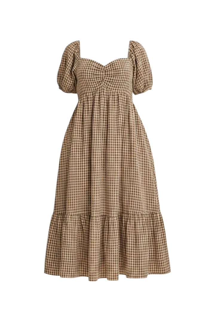 Mom & Me Boutique Reeva midi dress in olive mocha plaid with sweetheart neckline, puff sleeves, and tiered skirt.