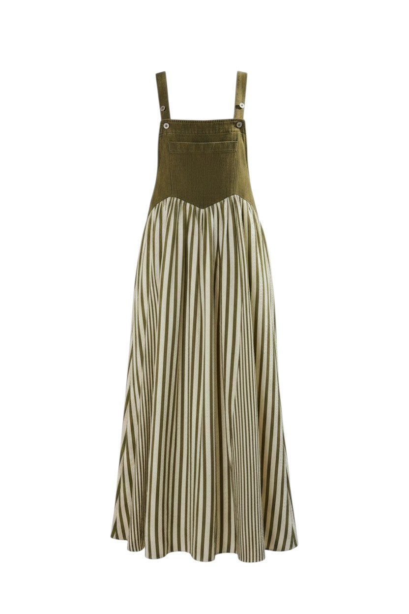 Mom & Me Boutique Reilly washed olive denim overall dress featuring a striped skirt in a cotton polyester blend.