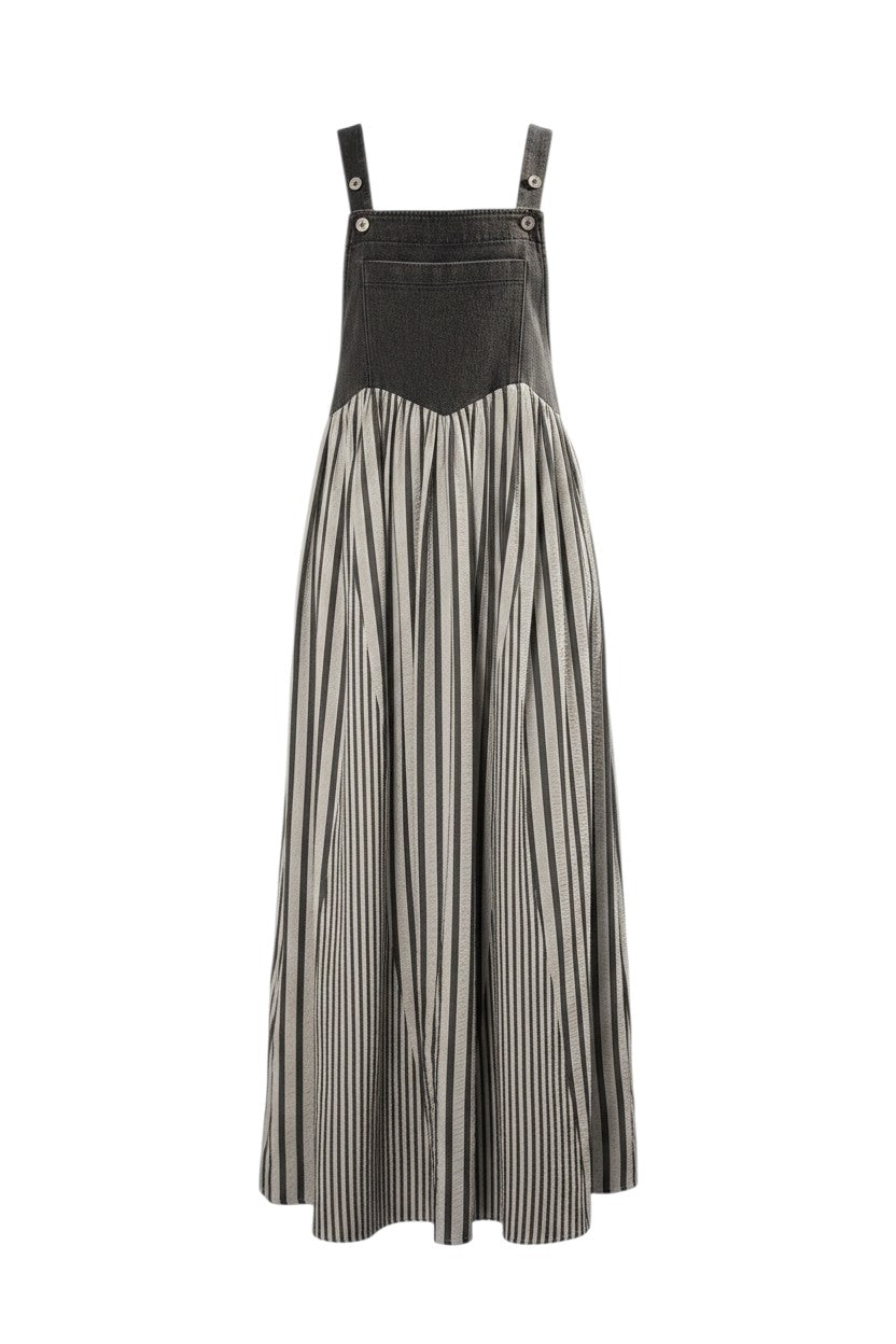Mom & Me Boutique Reilly overall dress in washed black denim with a striped skirt and button straps.