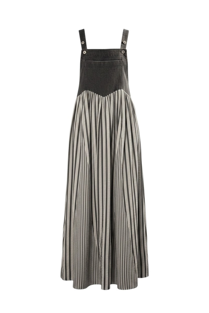 Mom & Me Boutique Reilly overall dress in washed black denim with a striped skirt and button straps.