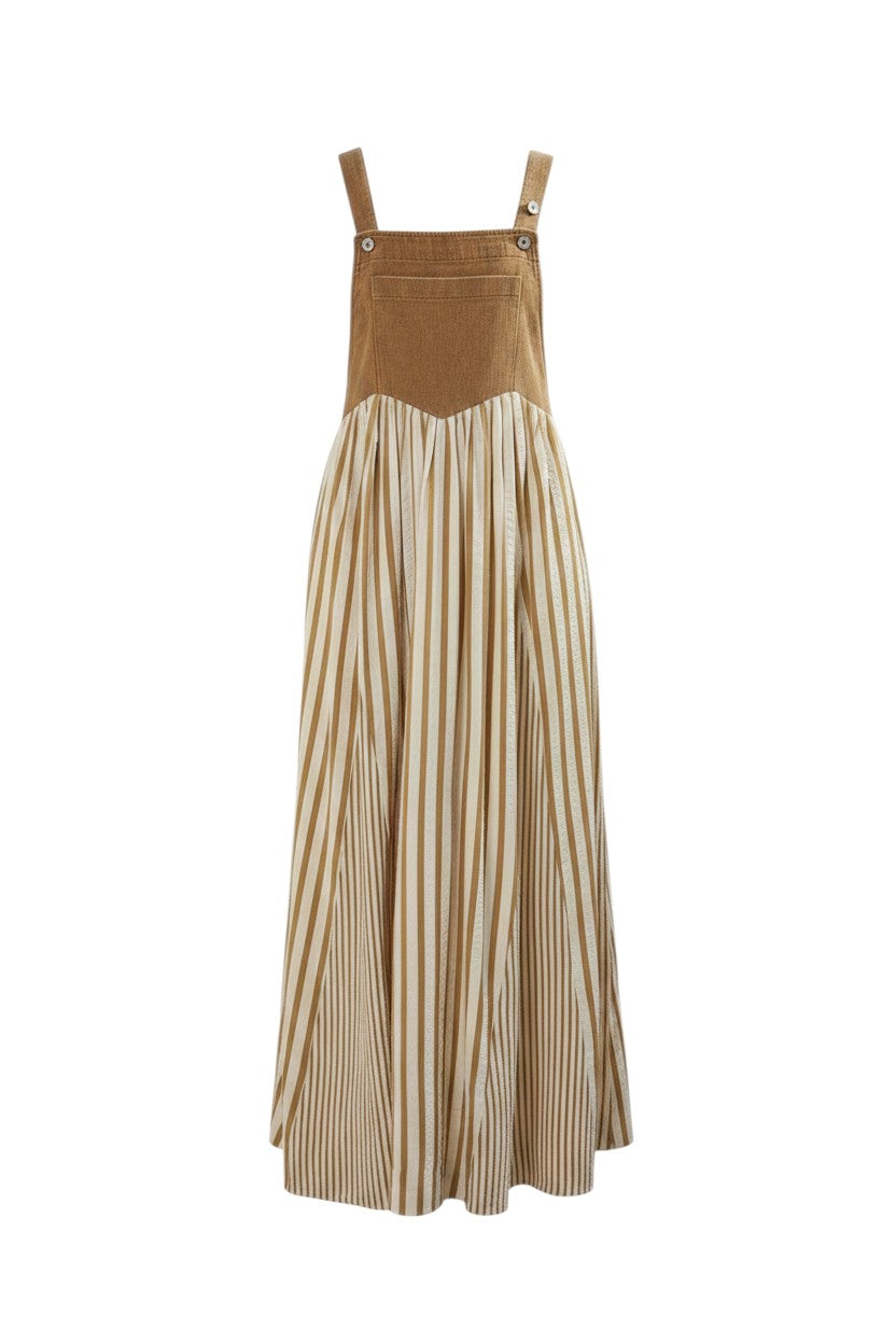 Mom & Me Boutique Reilly overall dress in washed taupe denim with a striped cotton-blend skirt and button straps.