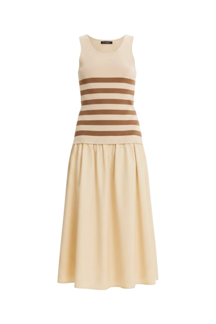 Mom & Me Boutique Rosalie midi dress with a cream and mocha striped ribbed sweater top and a crisp cotton skirt.