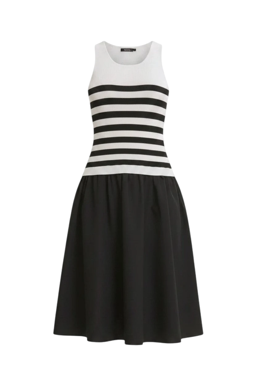 Mom & Me Boutique Rosalie midi dress with ivory and black striped ribbed sweater top and solid black cotton skirt.