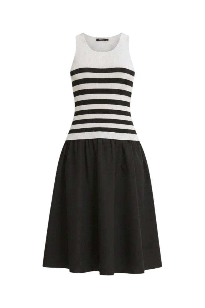 Mom & Me Boutique Rosalie midi dress with ivory and black striped ribbed sweater top and solid black cotton skirt.