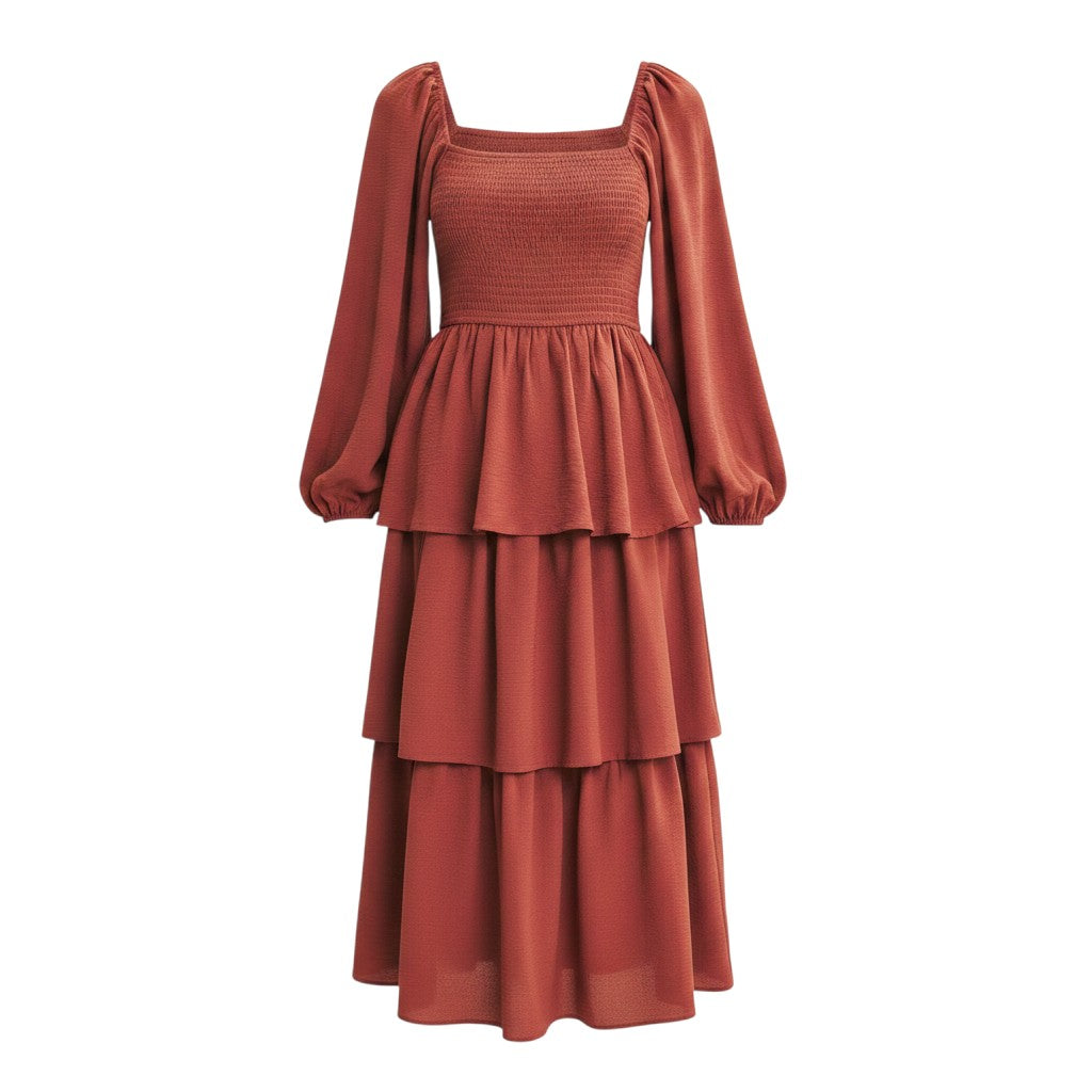 Mom & Me Boutique rust midi dress with square neck, smocked bodice, and long balloon sleeves with tiered ruffles.