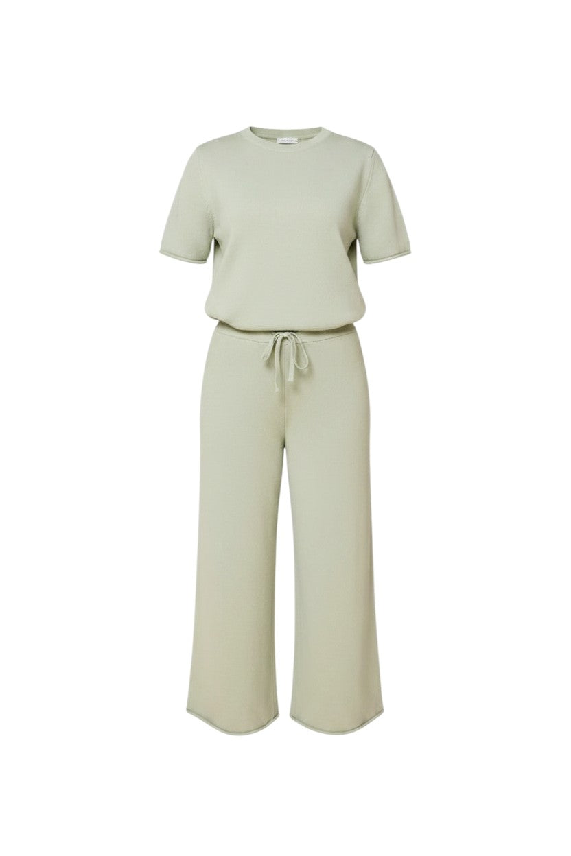 Mom & Me Boutique sage green cotton knit set featuring a short-sleeve top and wide-leg trousers with rolled edges.