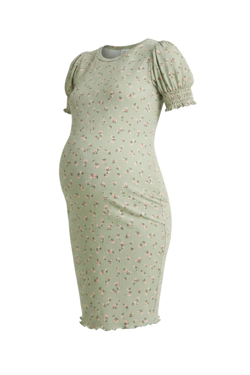 Mom & Me Boutique sage green floral print ribbed maternity t-shirt dress with short puff sleeves