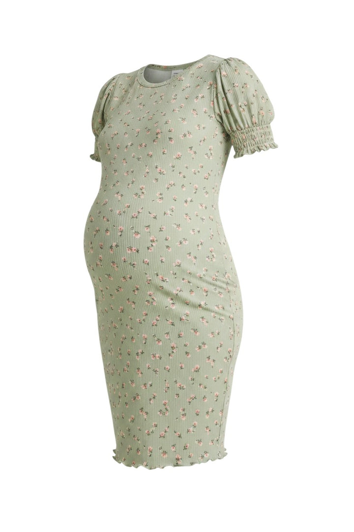 Mom & Me Boutique sage green floral print ribbed maternity t-shirt dress with short puff sleeves