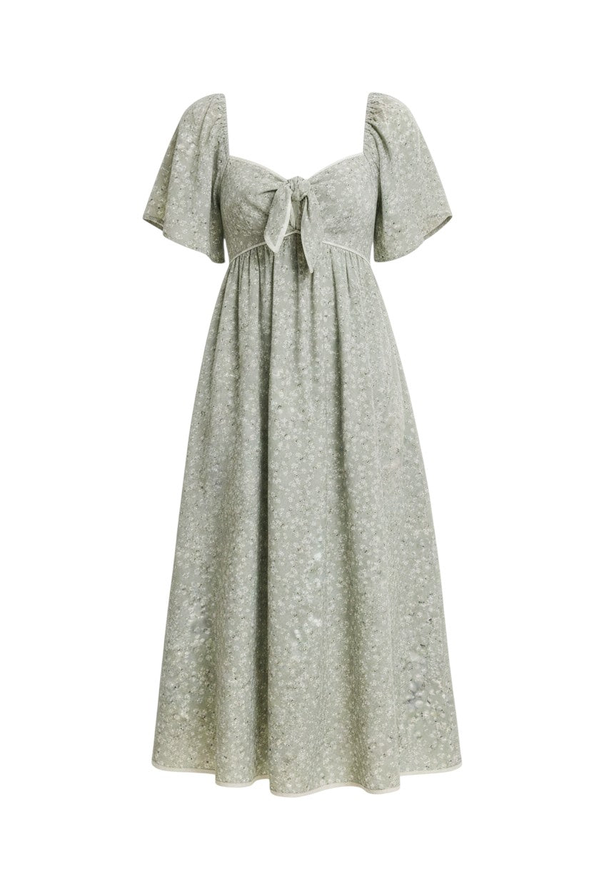 Mom & Me Boutique sage green floral midi dress with sweetheart neckline, flutter sleeves, and front tie detail.