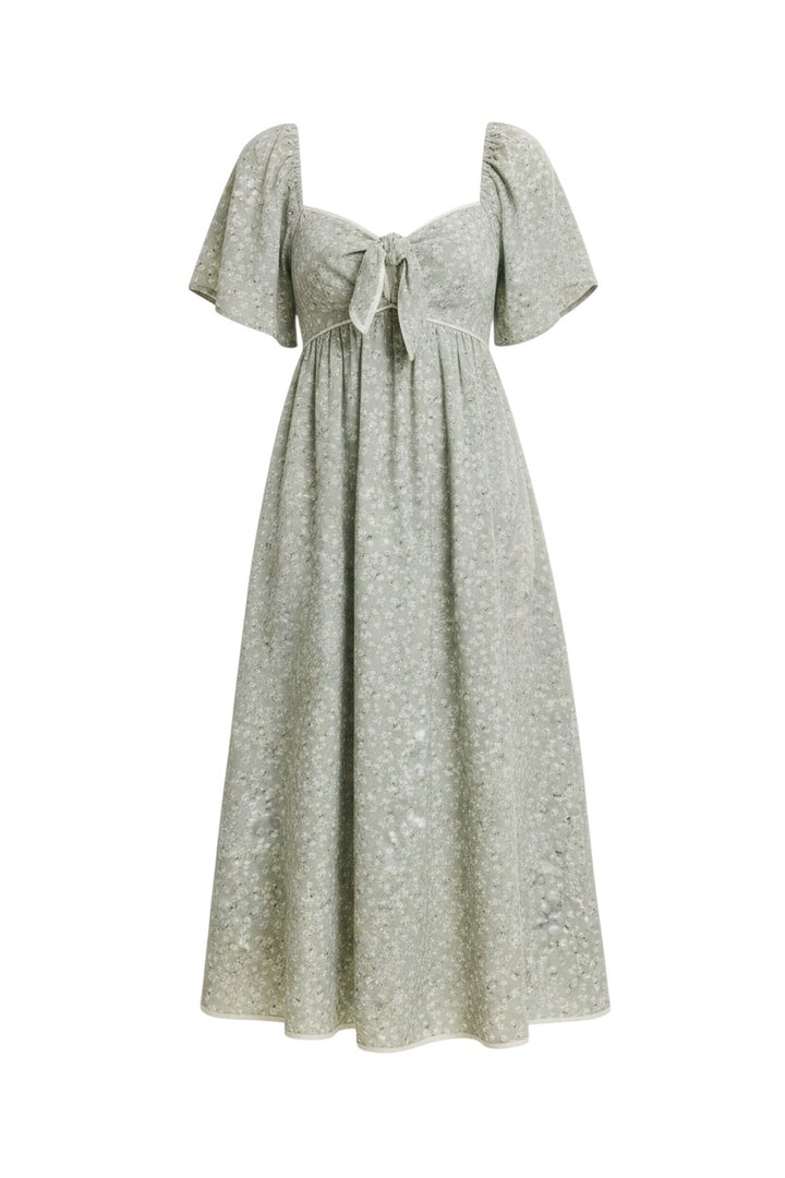 Mom & Me Boutique sage green floral midi dress with sweetheart neckline, flutter sleeves, and front tie detail.