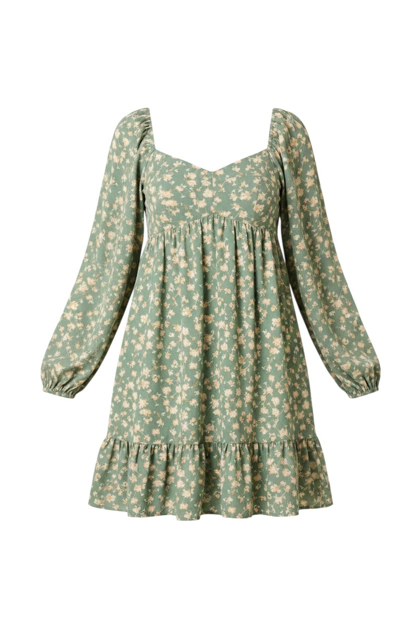 Mom & Me Boutique sage floral print mini dress with princess neckline, long sleeves, and ruffled hem in polyester.