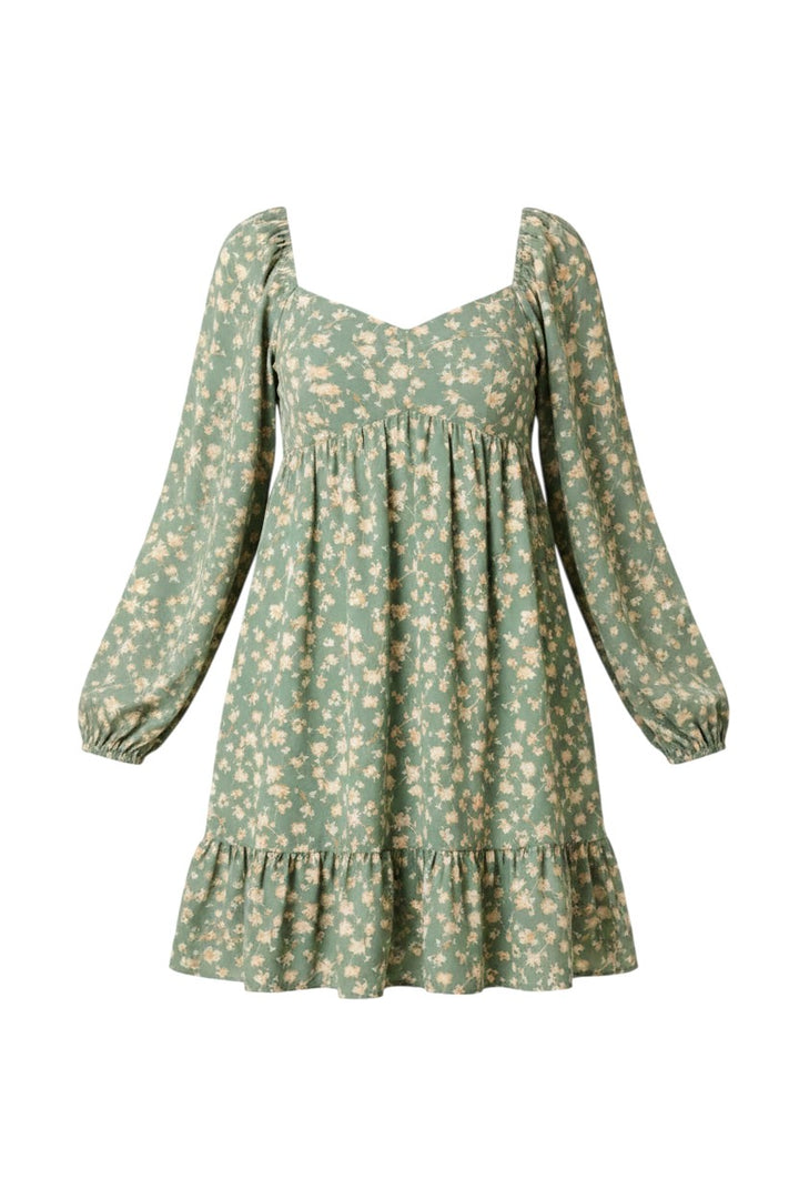 Mom & Me Boutique sage floral print mini dress with princess neckline, long sleeves, and ruffled hem in polyester.