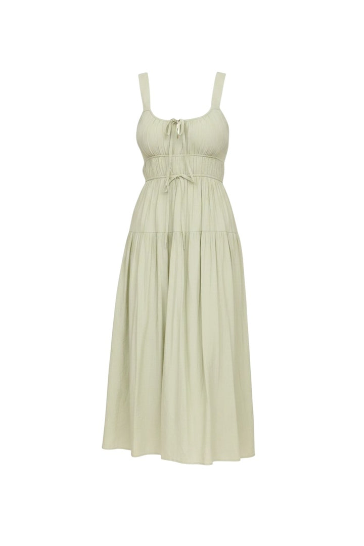 Mom & Me Boutique Lyra sage green sleeveless midi dress with a front tie keyhole detail and gathered waist.