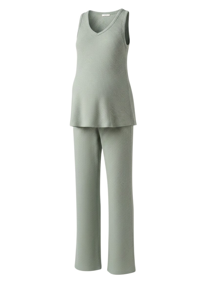 Mom & Me Boutique sage green heavyweight rib knit maternity tank top and matching wide-leg pants set