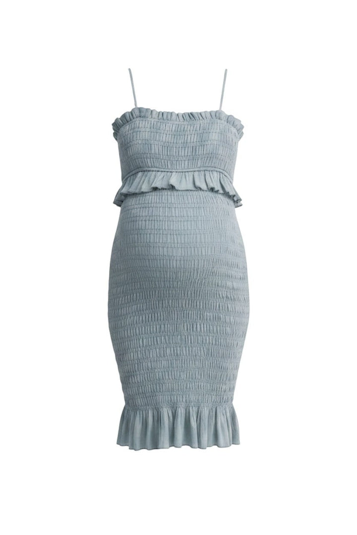 Mom & Me Boutique Salma maternity dress in light blue rayon with smocked bodice, spaghetti straps, and ruffle hem.