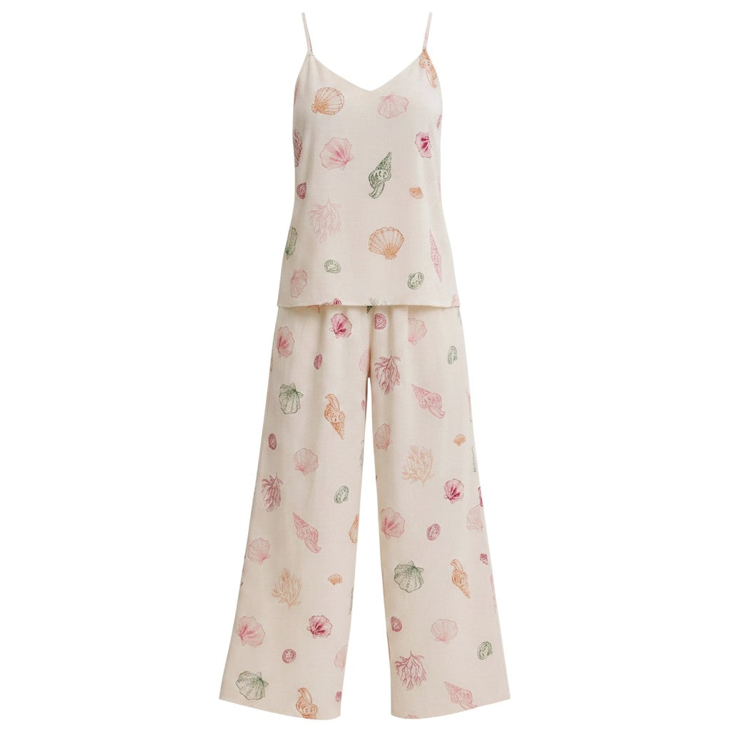Mom & Me Boutique Shelah Set featuring a cream camisole and wide-leg trousers with colorful seashell print patterns.