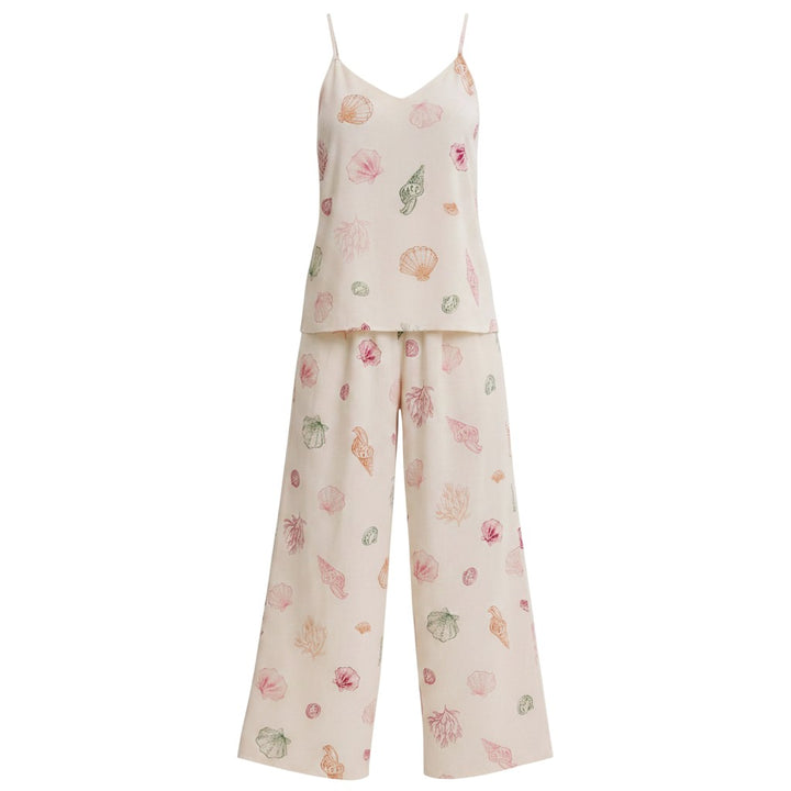 Mom & Me Boutique Shelah Set featuring a cream camisole and wide-leg trousers with colorful seashell print patterns.