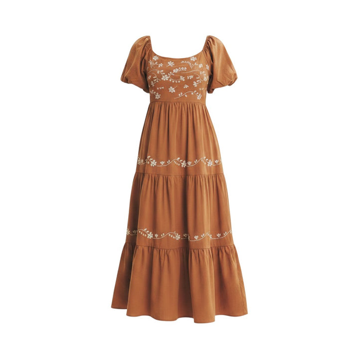 Mom & Me Boutique sepia cotton maxi dress with puff sleeves, square neckline, and delicate white floral embroidery.