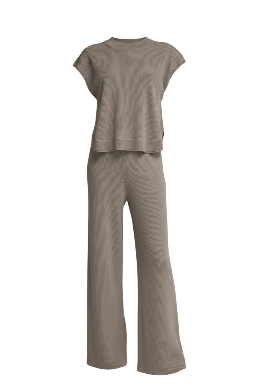 Mom & Me Boutique Serena Set featuring a taupe ribbed knit top with short sleeves and matching wide leg pants.