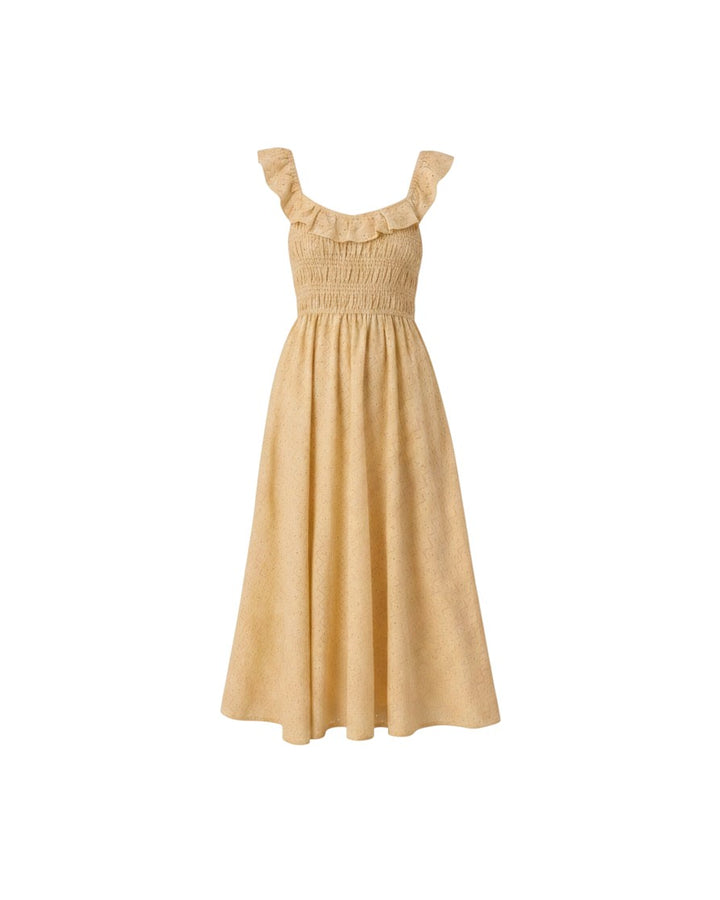 Mom & Me Boutique Stella dress in lemon yellow cotton with a smocked bodice and delicate ruffle collar detail.