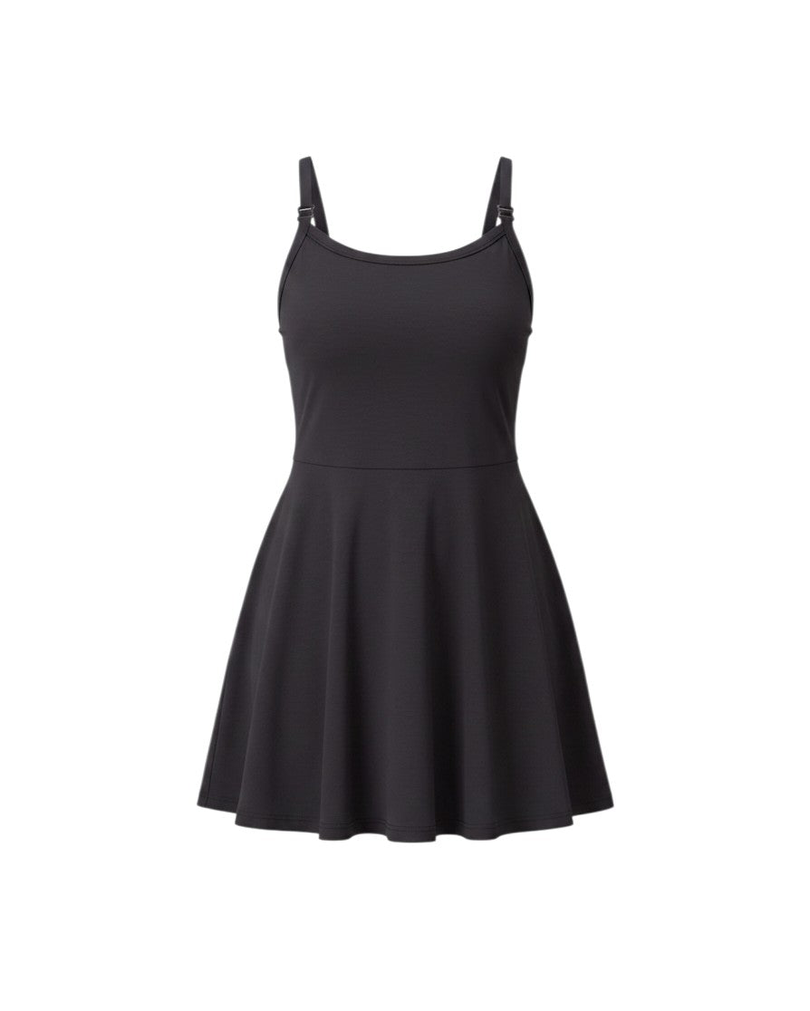 Mom & Me Boutique Stevie active nursing dress in black with a racerback design, built-in shelf bra, and A-line skirt.
