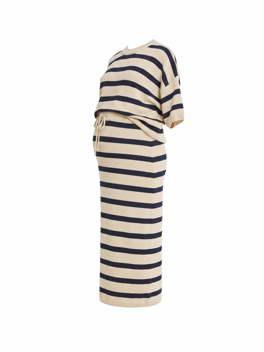 Mom & Me Boutique Cannes knit set featuring a beige and navy striped top and midi skirt with an elastic drawstring.