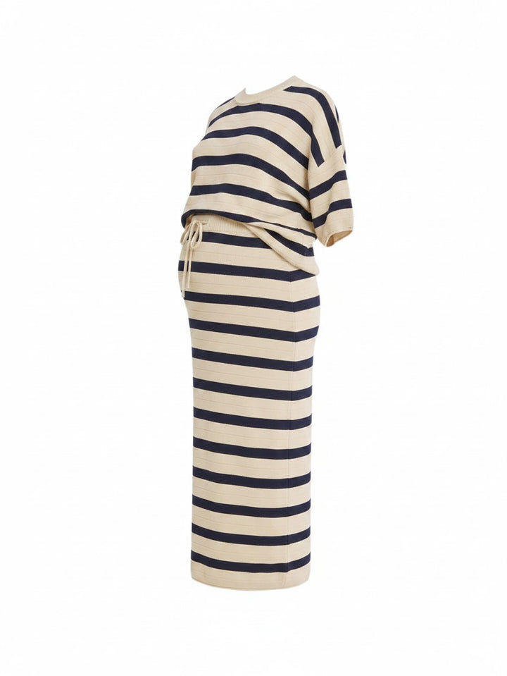 Mom & Me Boutique Cannes knit set featuring a beige and navy striped top and midi skirt with an elastic drawstring.