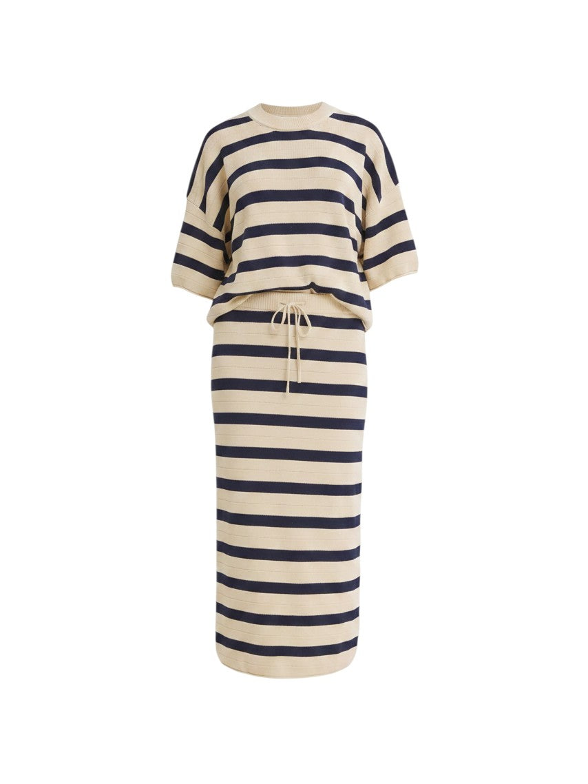 Mom & Me Boutique Cannes set featuring a beige and navy striped cotton knit top and matching midi skirt.