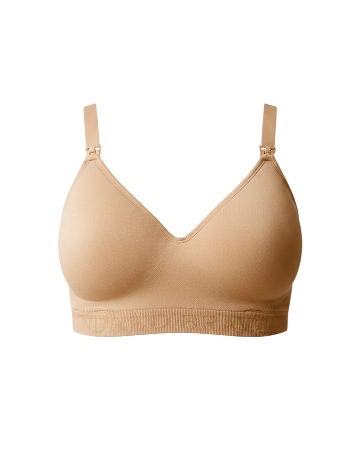 Mom & Me Boutique Sublime beige wireless nursing bra with seamless fabric, contoured cups, and clip-down access.