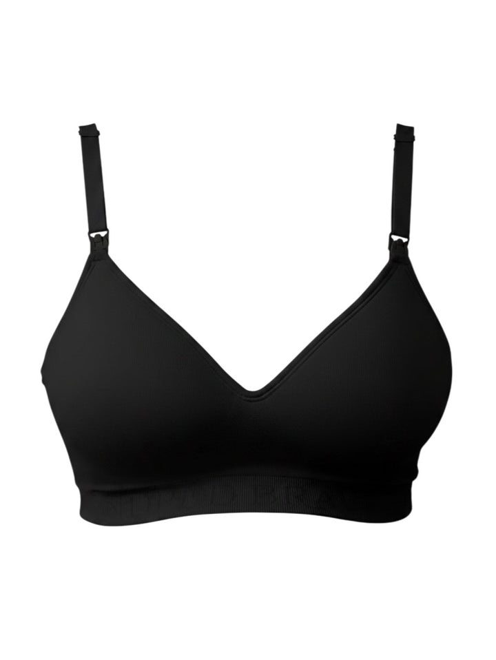 Mom & Me Boutique Sublime black wireless nursing bra with seamless fabric, adjustable straps, and clip-down access.
