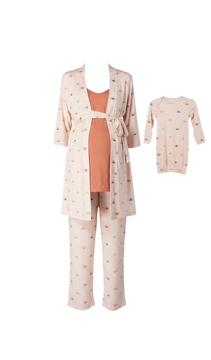 Mom & Me Boutique 5-piece sunrise print maternity nursing set with robe, top, pants, baby gown, and matching hat.