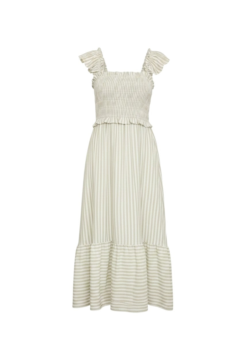 Mom & Me Boutique Suri midi dress in light olive with vertical stripes, smocked bodice, and ruffle trim sleeves.