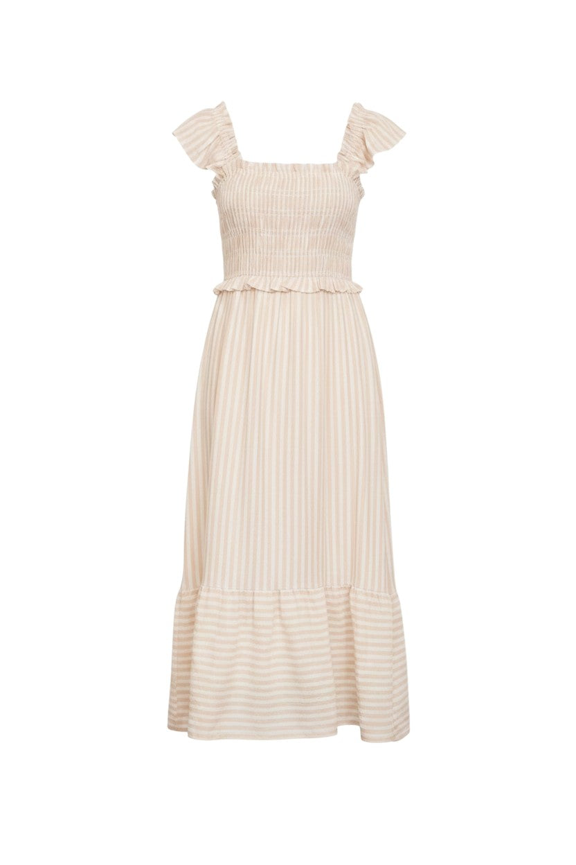 Mom & Me Boutique Suri midi dress in light khaki with vertical stripes, smocked bodice, and ruffle trim details.