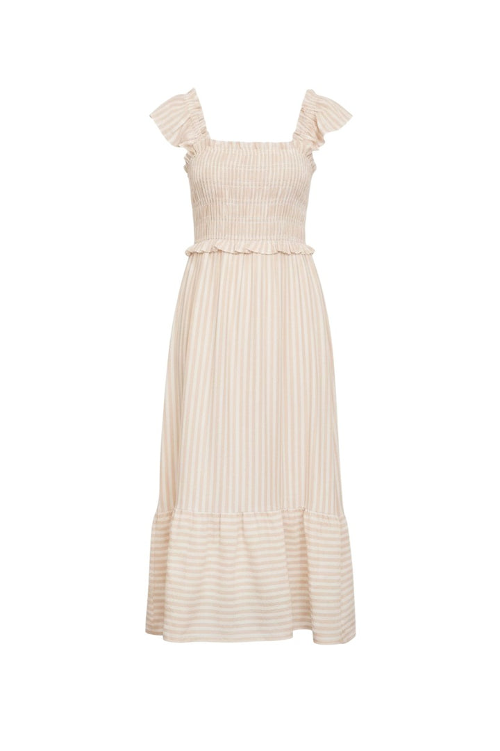 Mom & Me Boutique Suri midi dress in light khaki with vertical stripes, smocked bodice, and ruffle trim details.