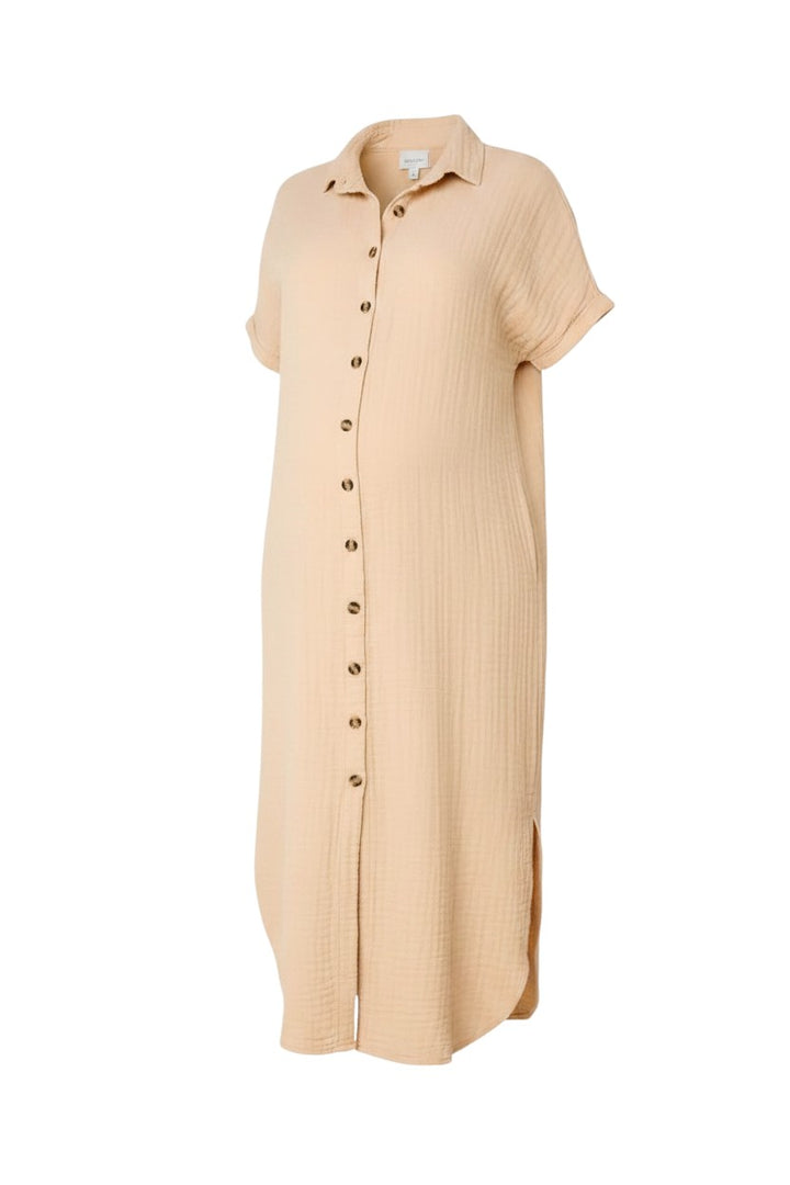 Mom & Me Boutique tan cotton muslin button-down maternity and nursing dress with cap sleeves and a loose fit