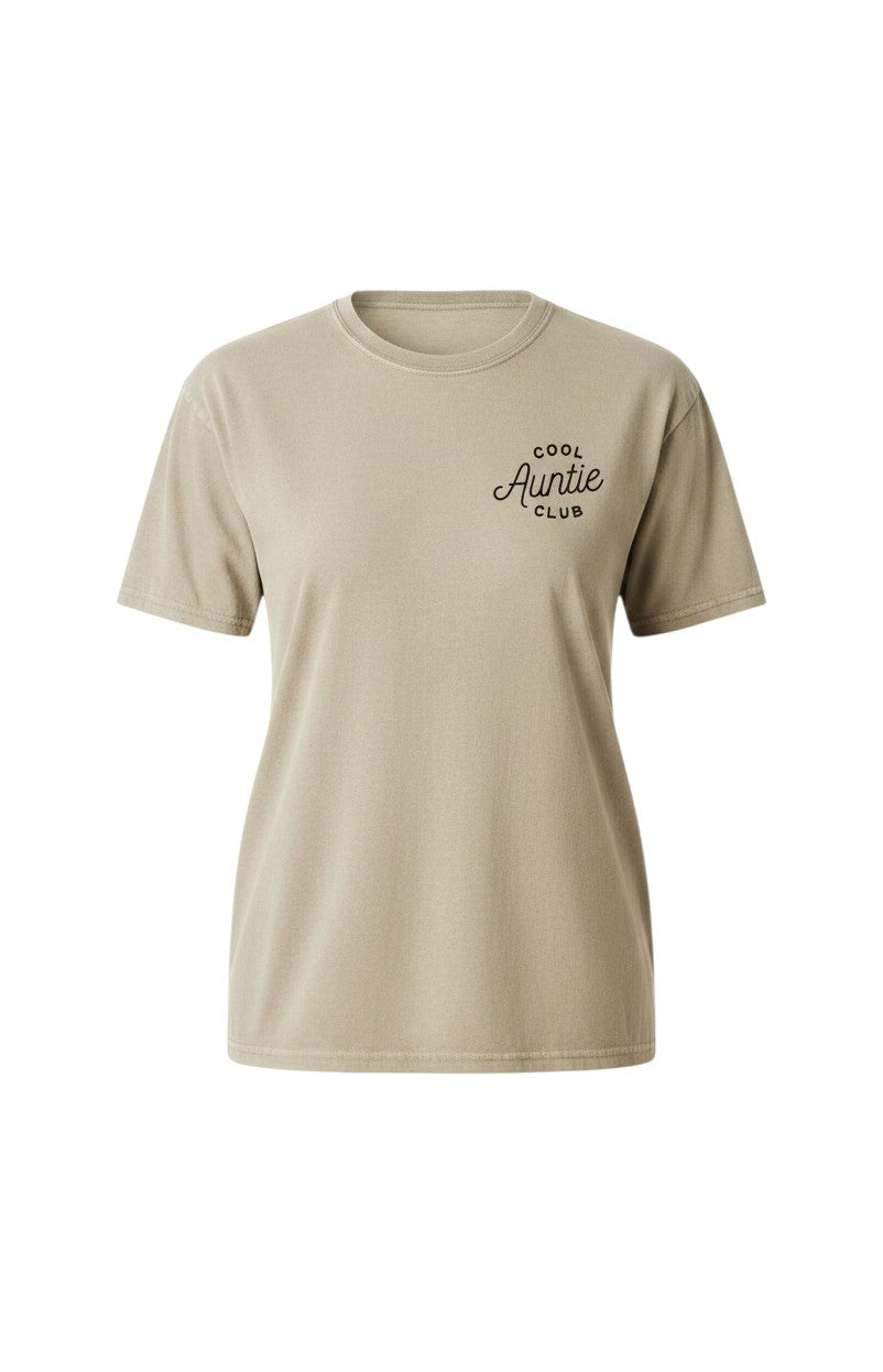 Mom & Me Boutique oversized mineral washed tan cotton t-shirt with Cool Auntie Club graphic on the chest